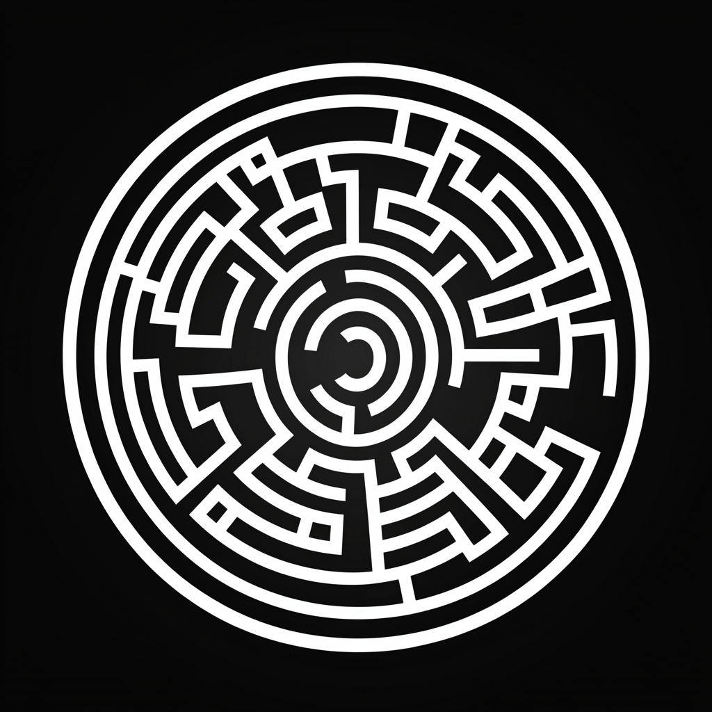 Flat illustration circular maze on black background