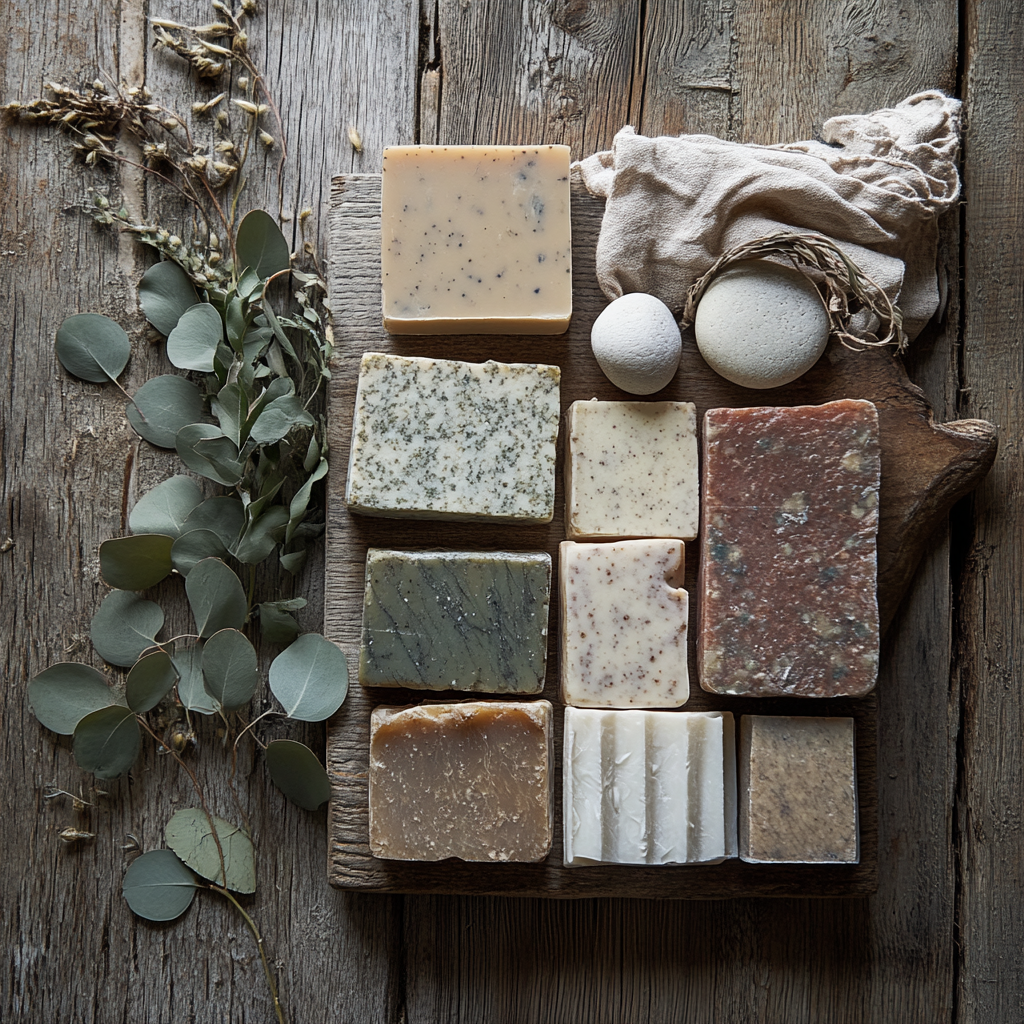 Flat-lay shot of soap bars with natural elements.