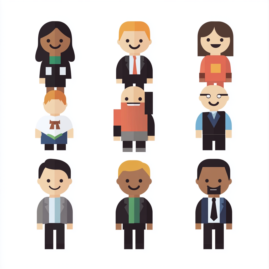 Flat vector characters in simple, diverse educational roles.