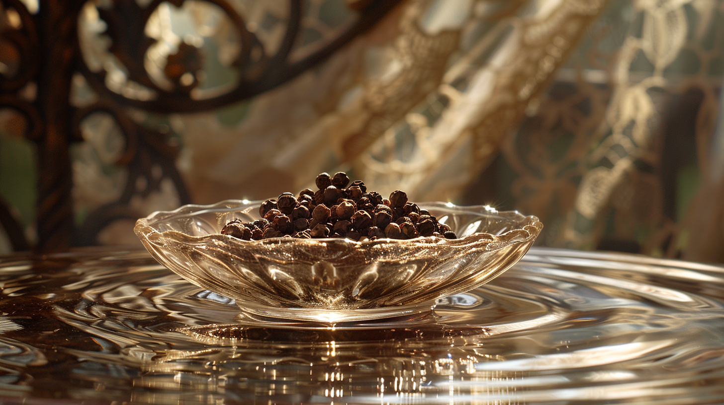 Floating Peppercorns in Sunlit Bowl: A Dreamy Artwork