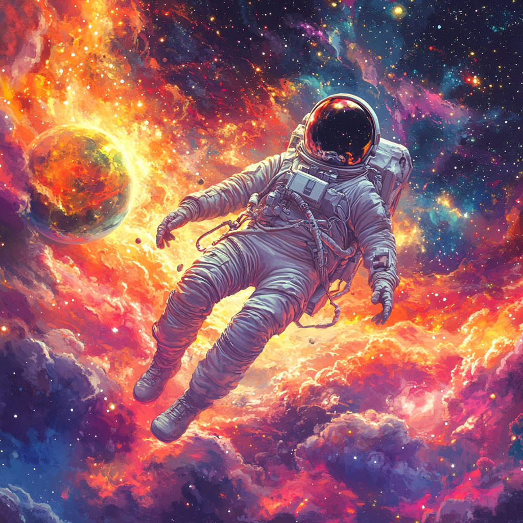 Floating astronaut with vibrant planet in hyper-realistic design