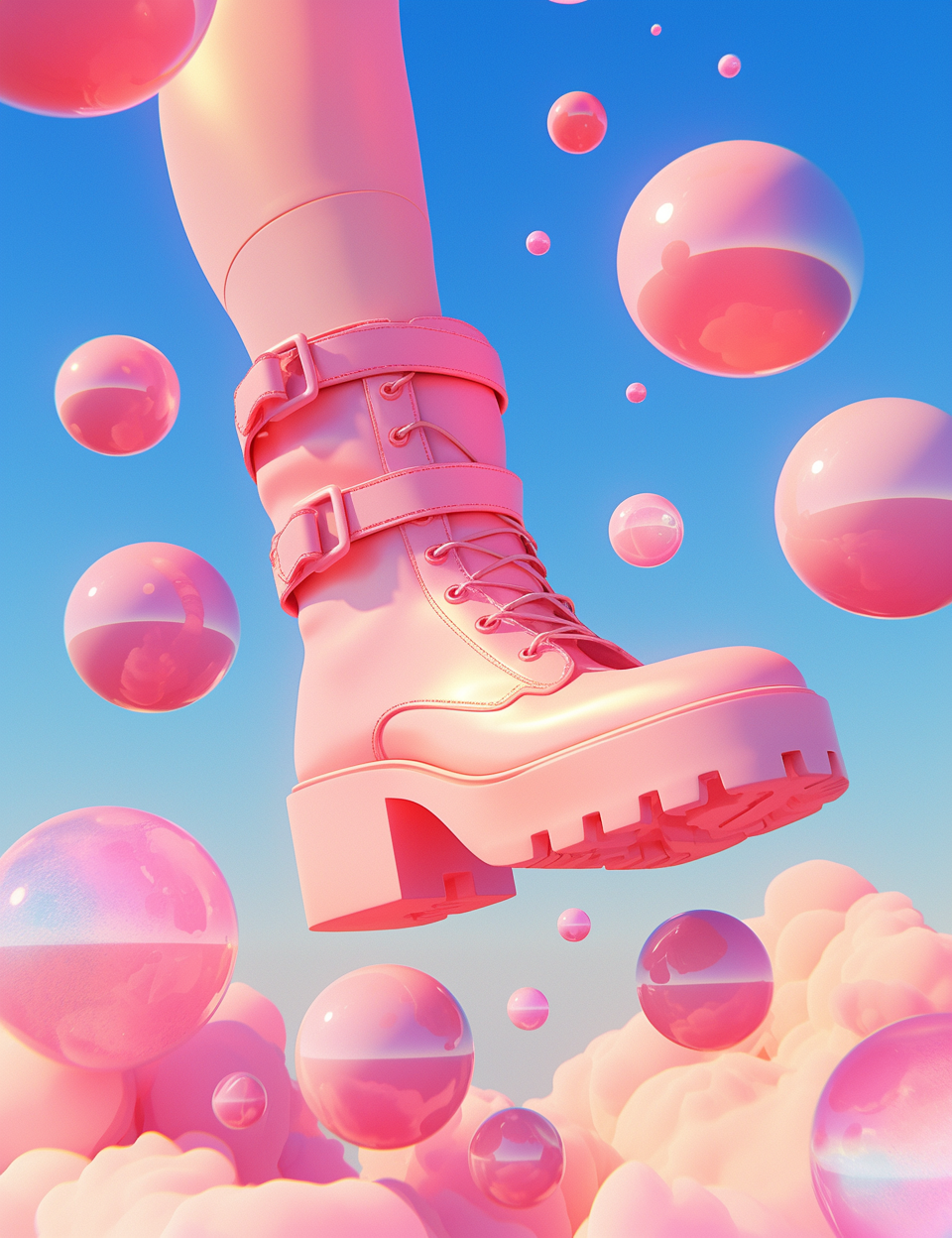 Floating autumn boots surrounded by spheres in soft light