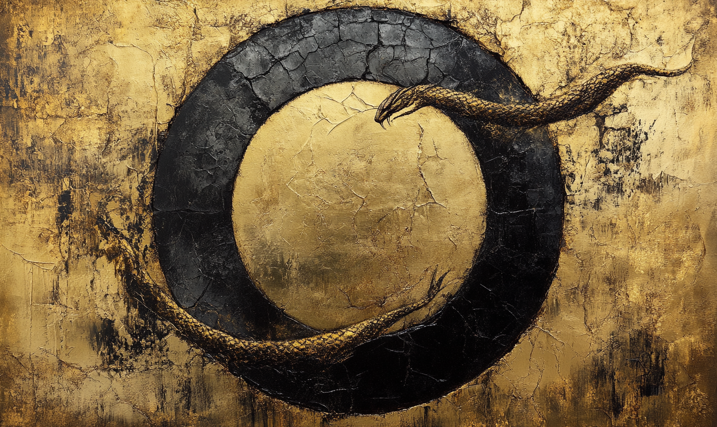 Floating enso circle with serpent head in gold liquid.