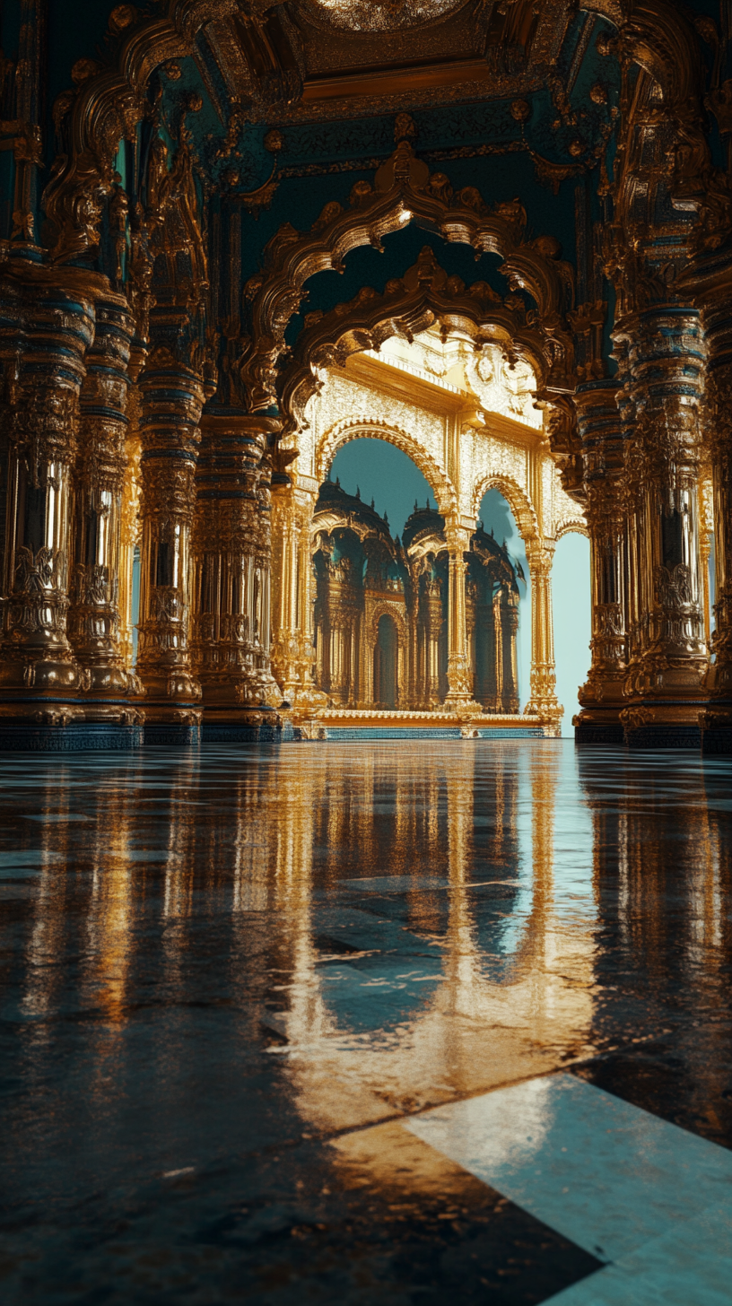 Floating mirror in golden palace at night in movie.