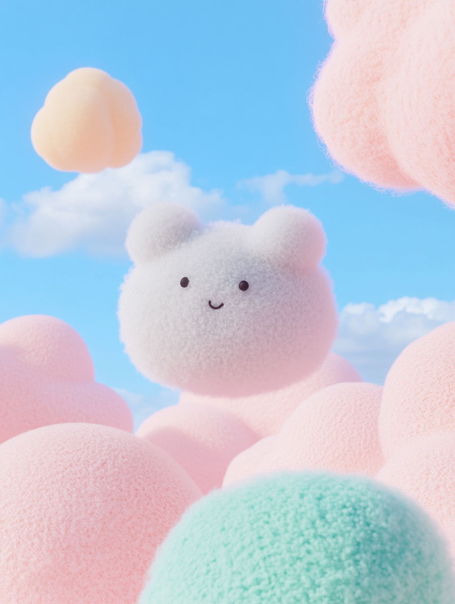 Floating office supplies in dreamlike cotton candy landscape