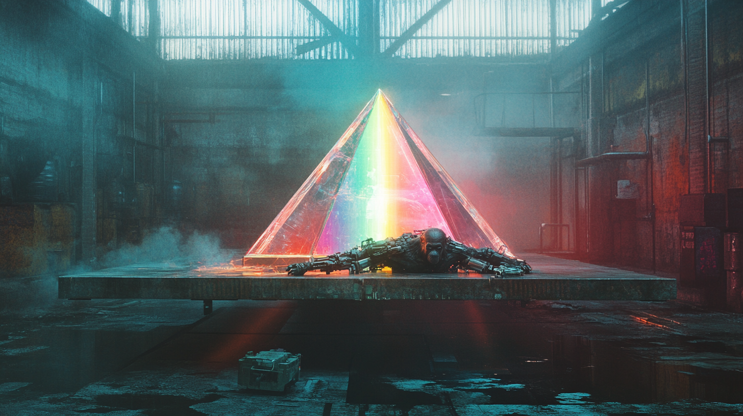 Floating platform with dead cyborg ape and prism