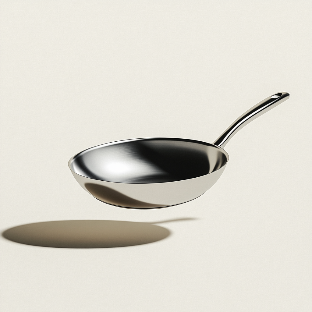 Floating shiny frying pan on white background.