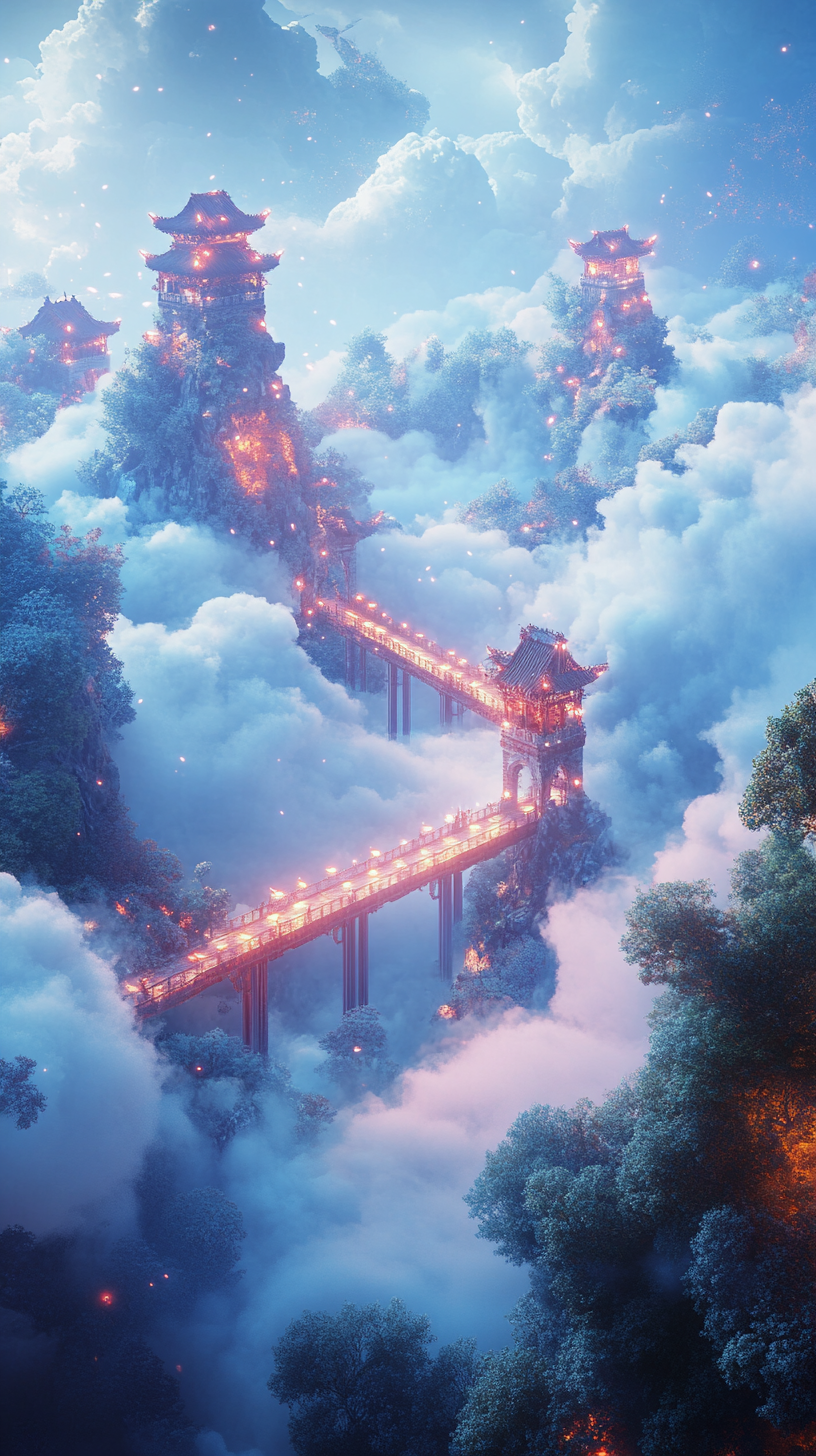 Floating towers in glowing clouds under dreamy light