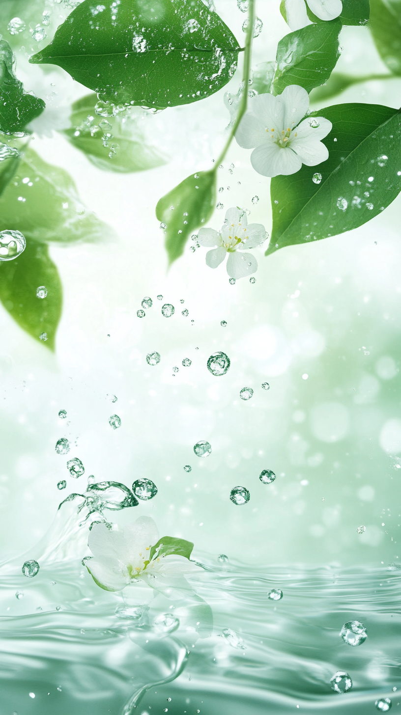 Floating water, foam, green leaves, fresh flowers, sunlight, green tones