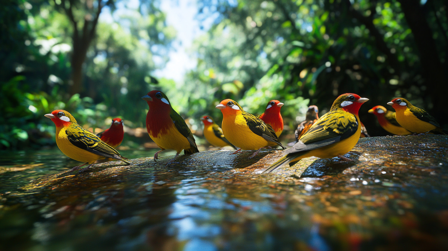 Flock of gouldian finches in Australia near forest stream