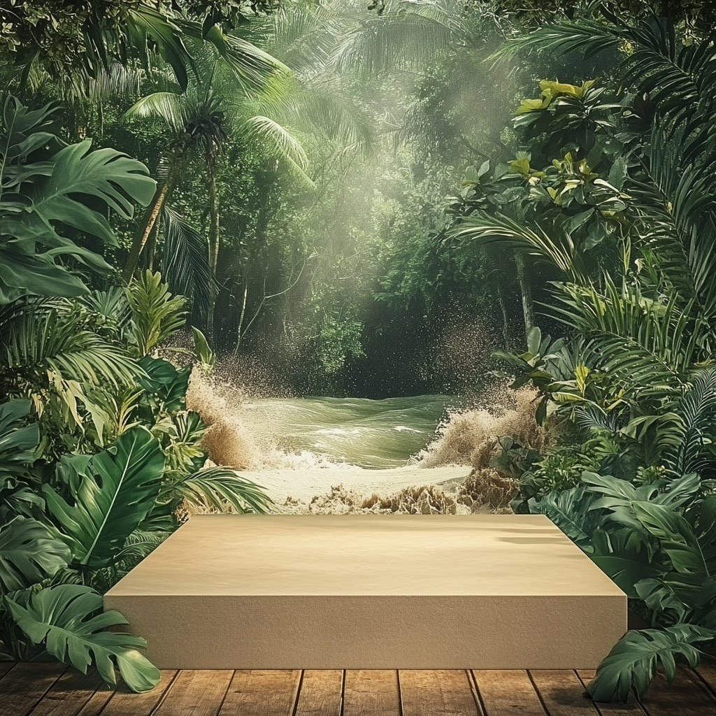 Floor podium with sand table top in rainforest setting.