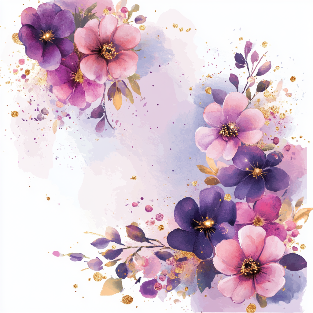 Floral design with purple, pink gradient and gold accents.