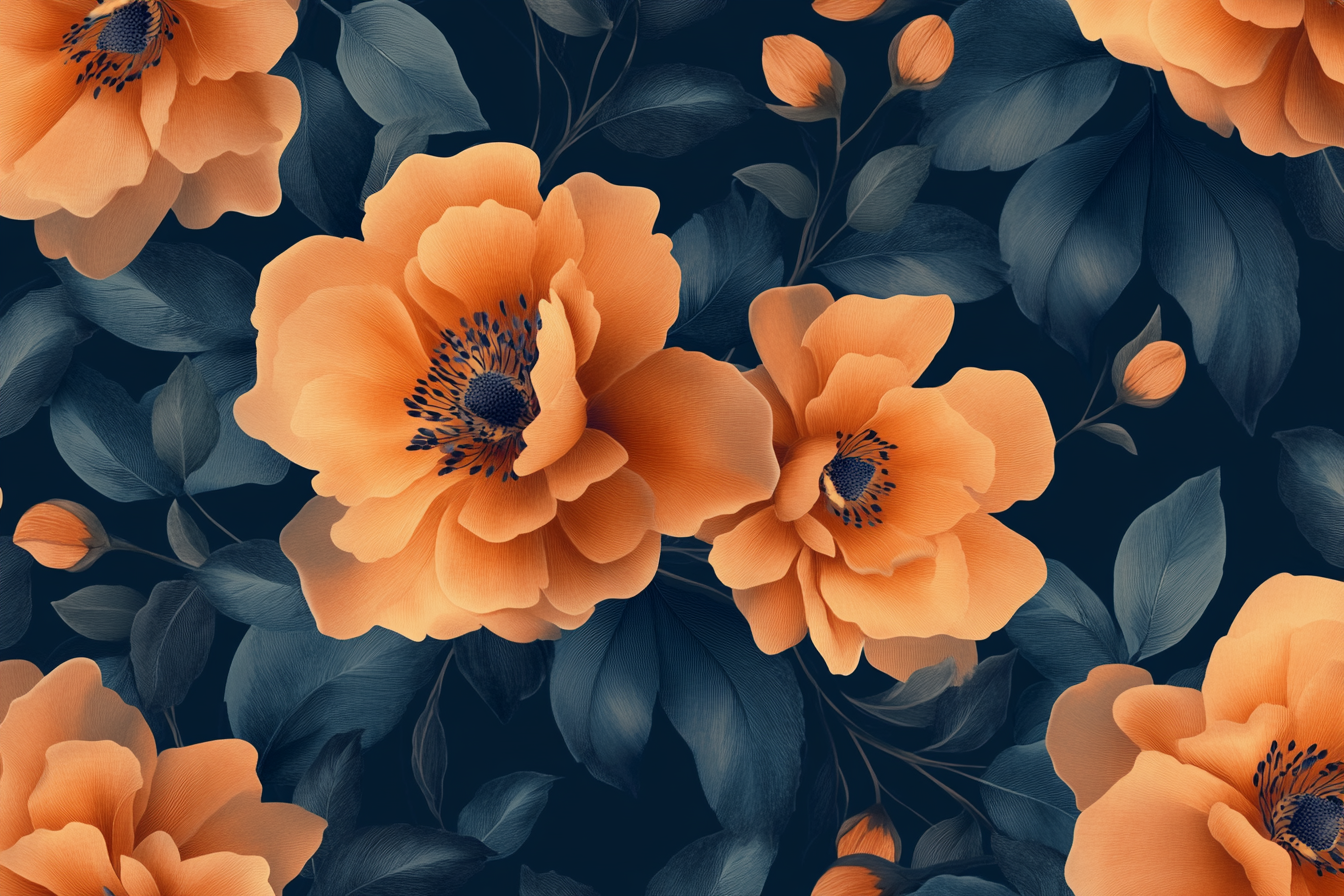 Floral pattern with large orange flowers on blue background.