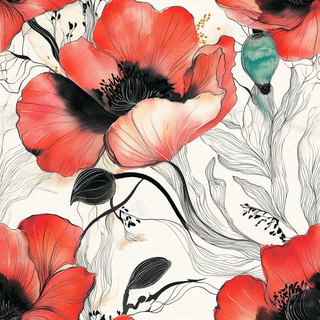 Floral poppies and leaves in watercolor painting