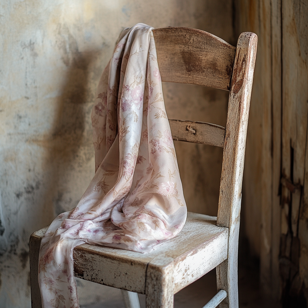 Floral silk scarf hanging over wooden chair