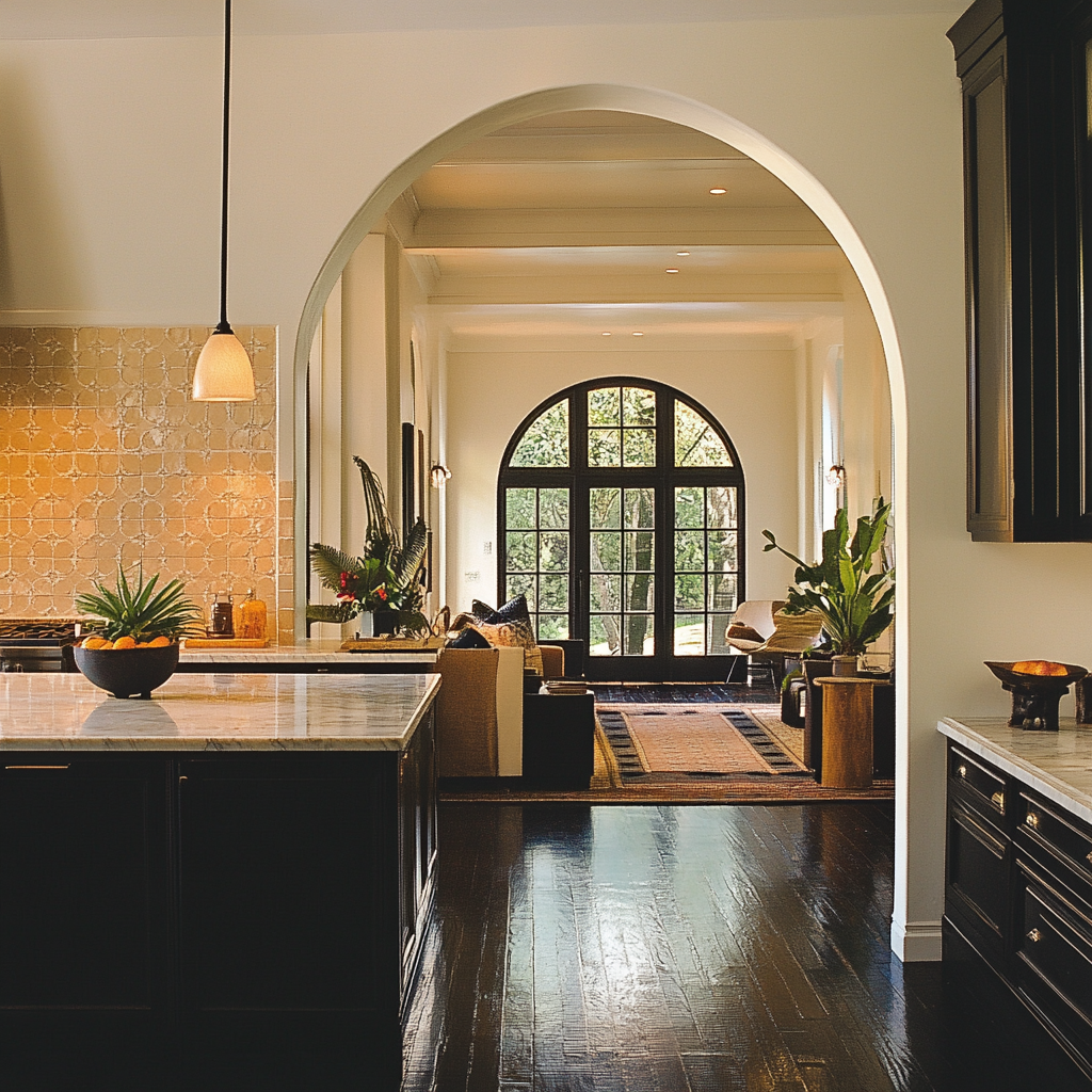 Floridian Bungalow Kitchen with Arch to Living Room