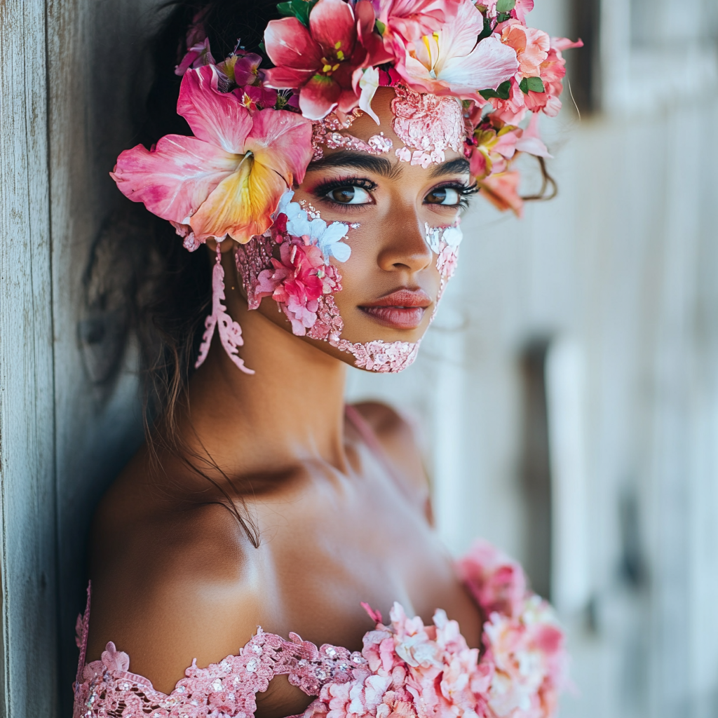 Flower crown on Hawaiian woman in pink dress