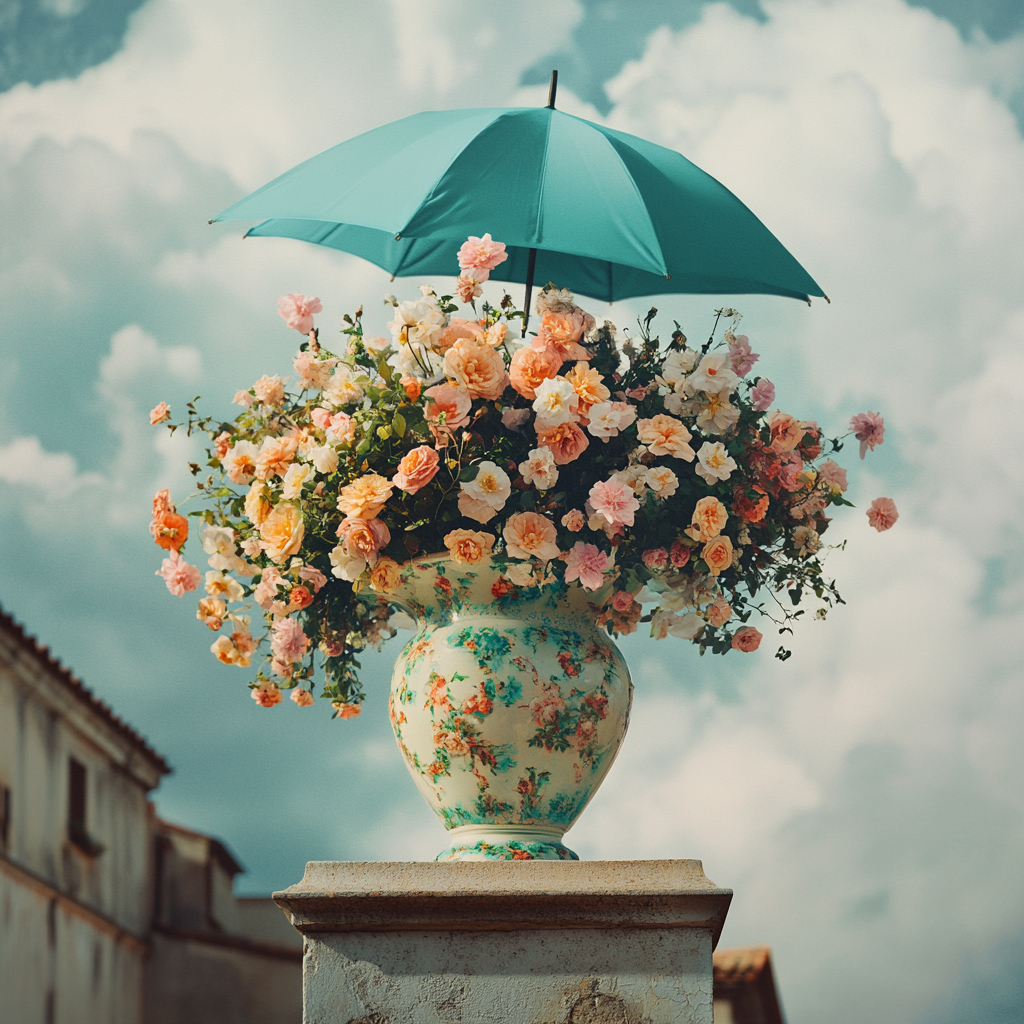 Flowers in vase and teal umbrella floating in sky.