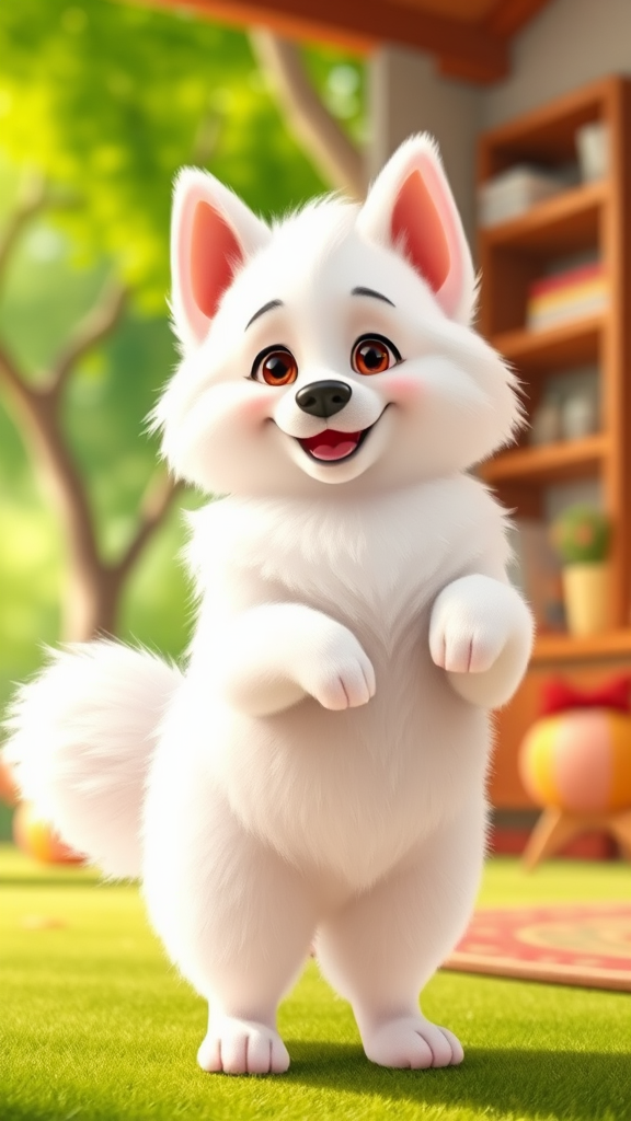 Fluffy American Eskimo Dog in Pixar Style Joyful