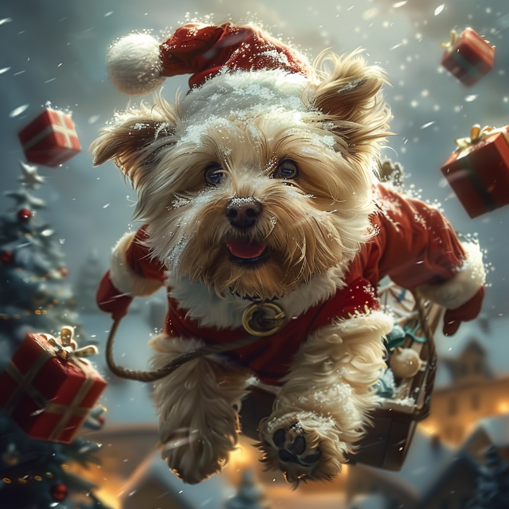 Fluffy Santa Dog Flying Through Winter Village Sky