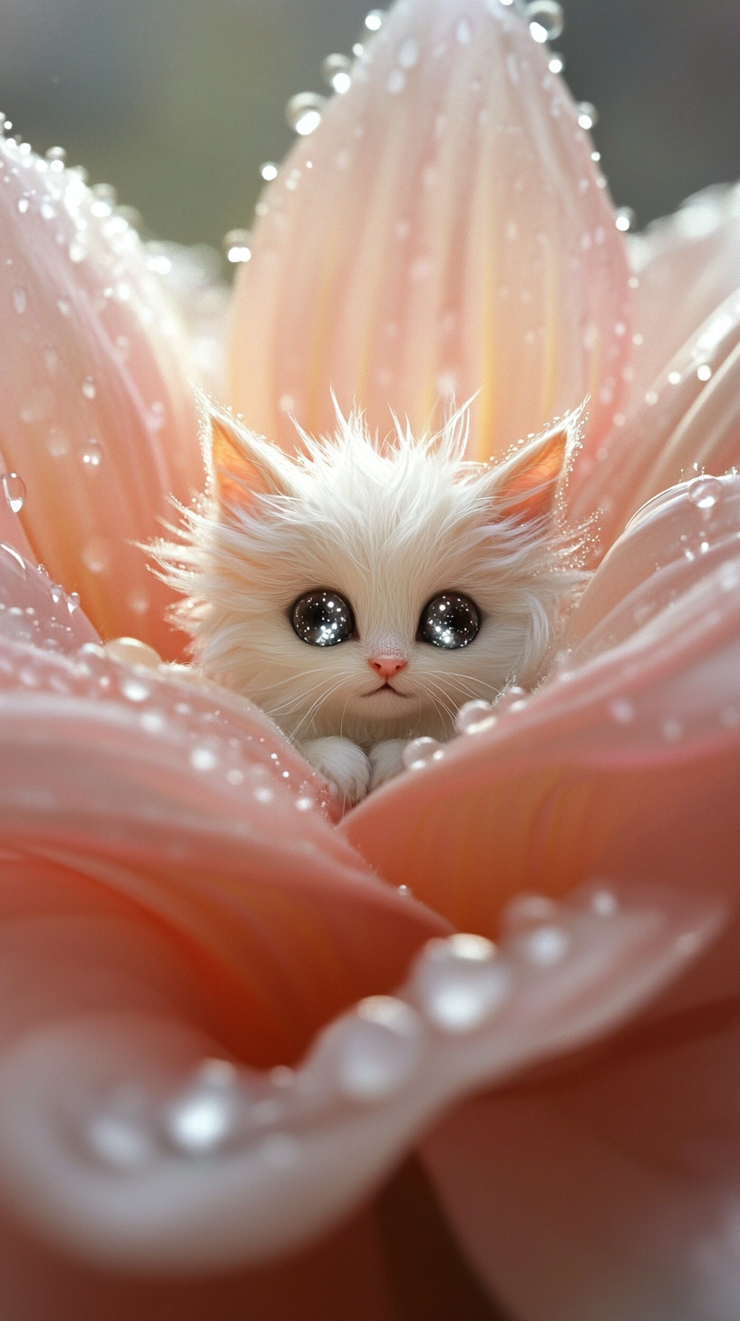 Fluffy fairy cat in pink flower glow