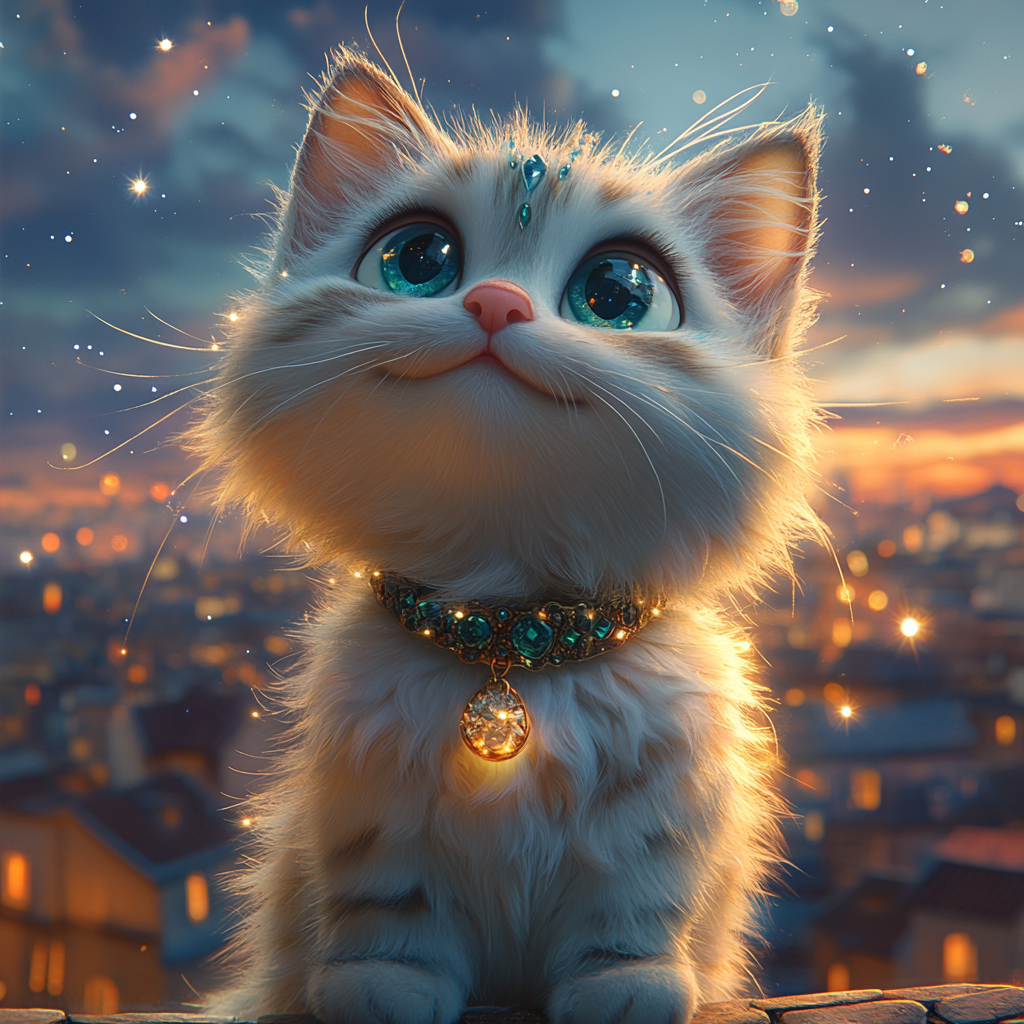 Fluffy white cat on rooftop under starry sky, city view, 3D cartoon style