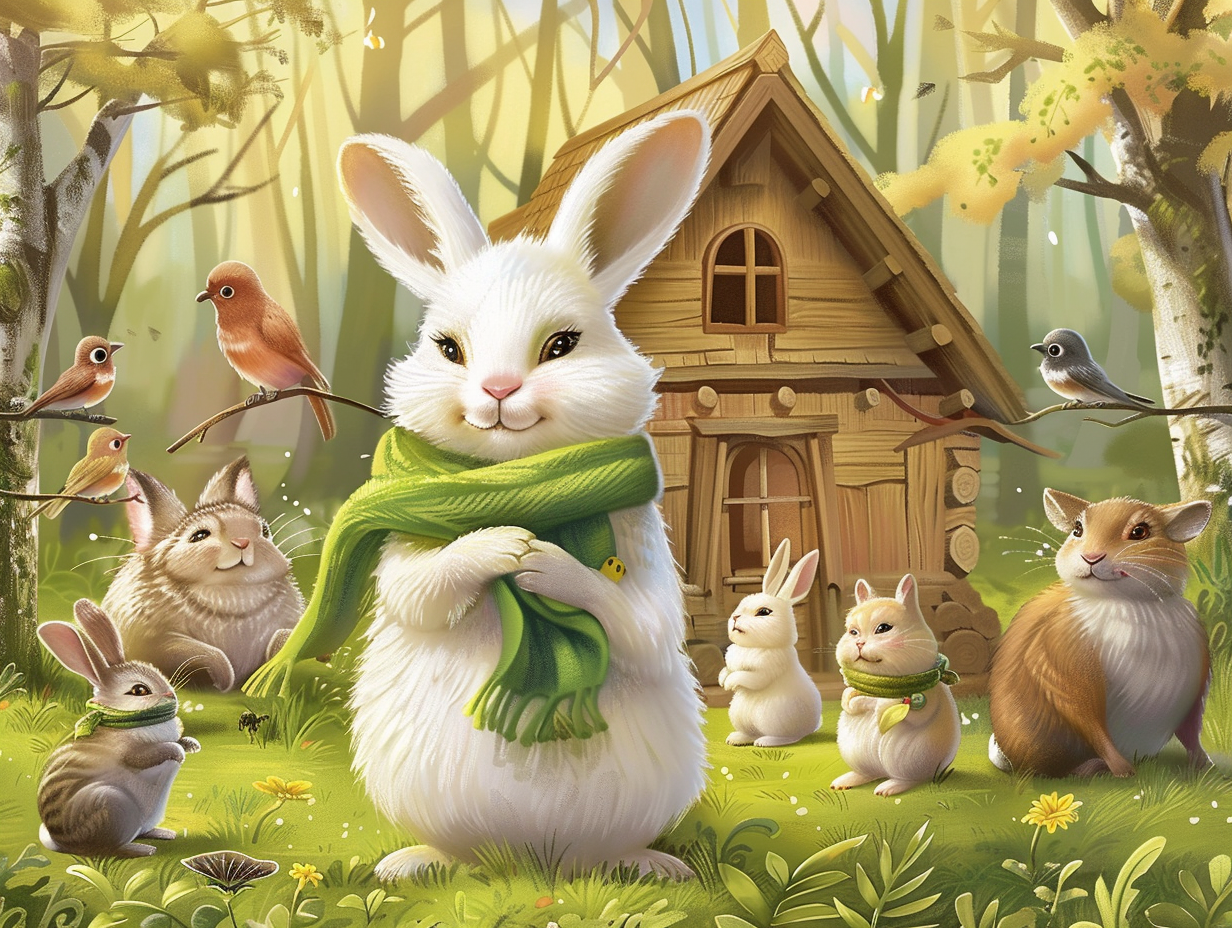 Fluffy white rabbit and friends celebrate new forest home.