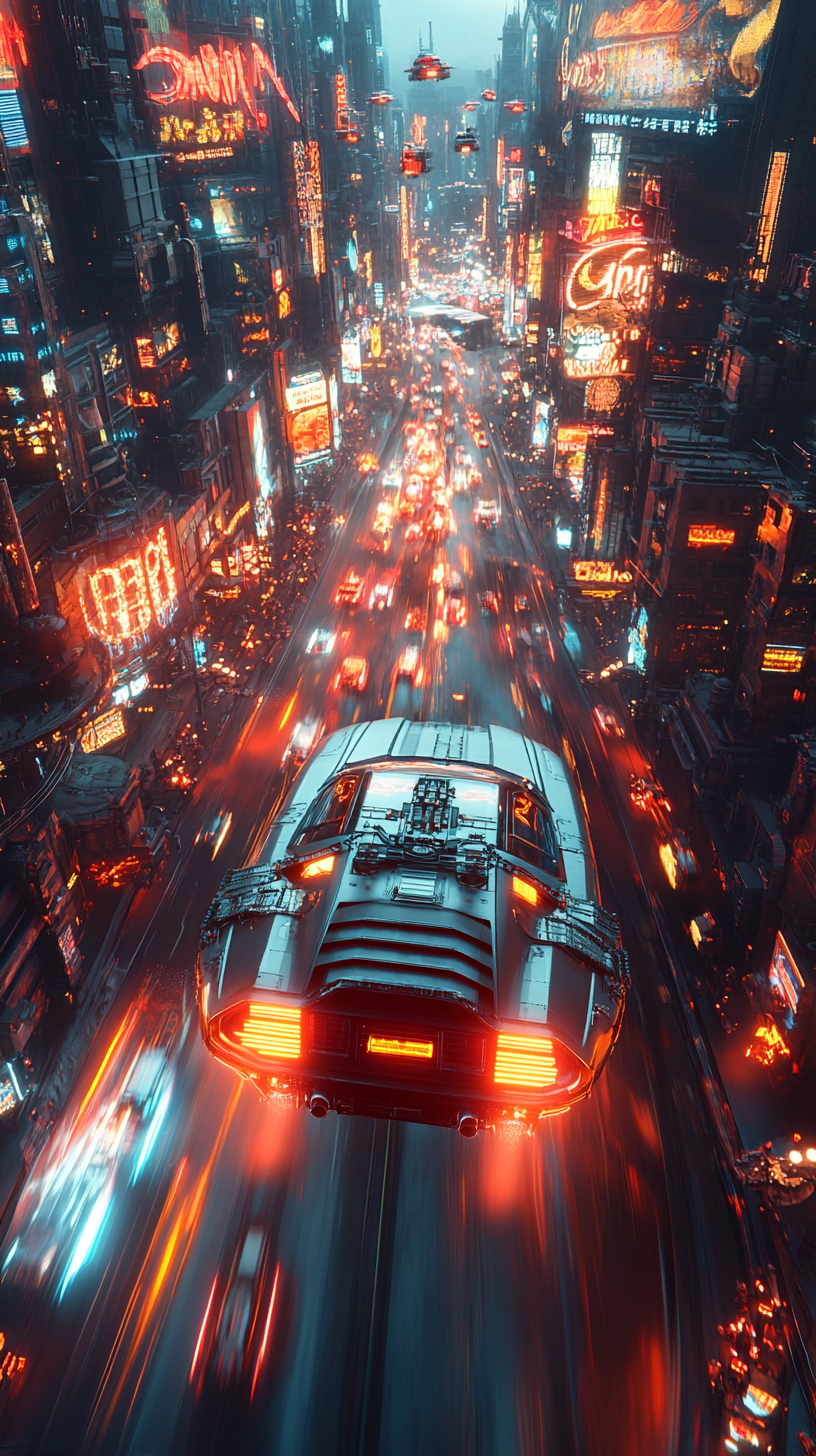 Flying DeLorean in neon city with drone camera.