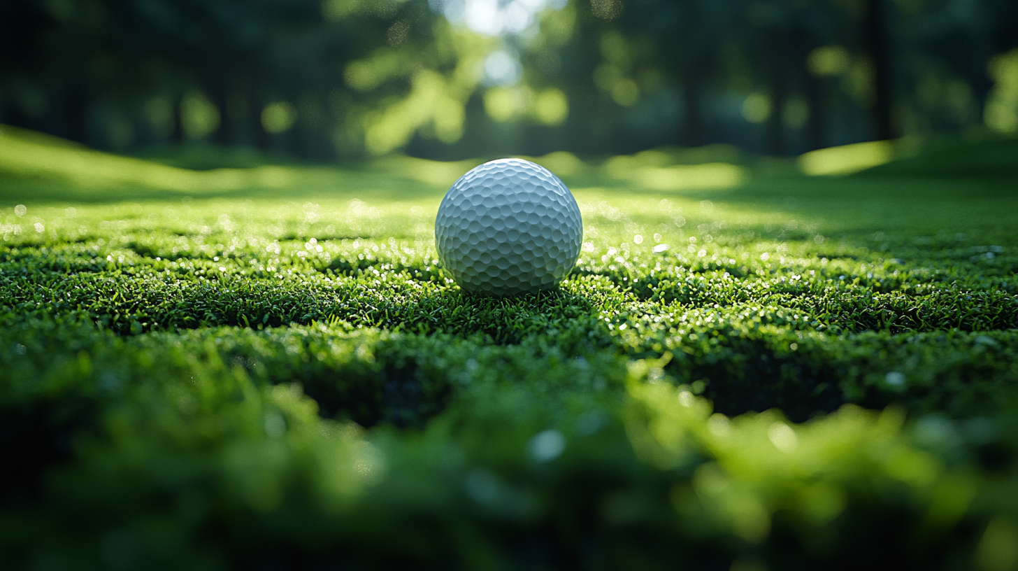 Flying golf ball over visible blurred golf course view.