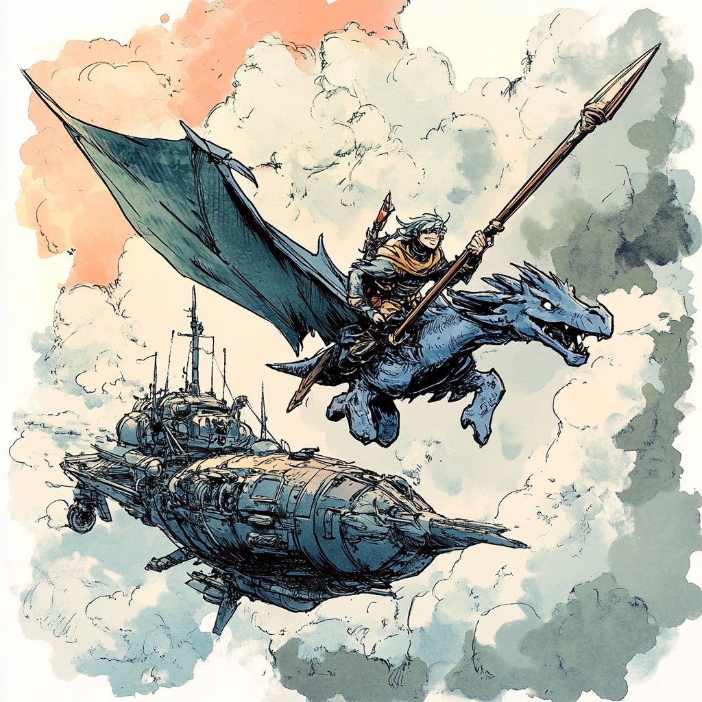 Flying sky knight battles dragon and airship.