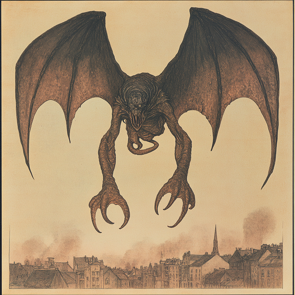 Flying winged monster with crab feet in 1920s.