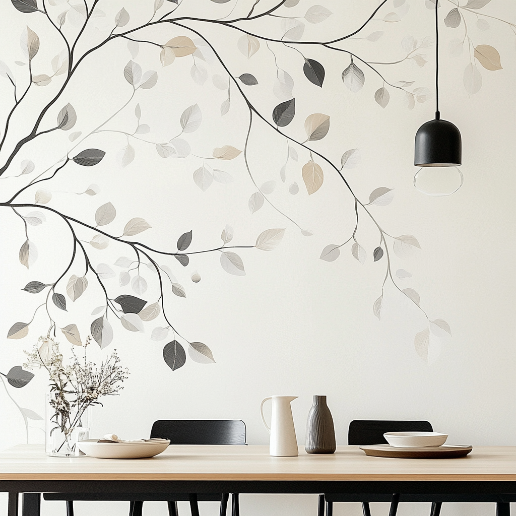 Focus on clean wallpaper pattern in dining room.