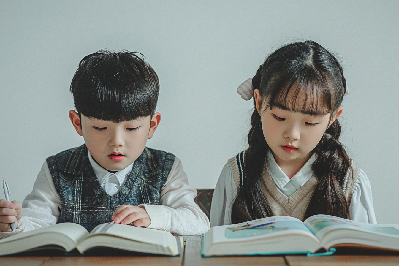 Focused Korean Middle School Students Studying English Together