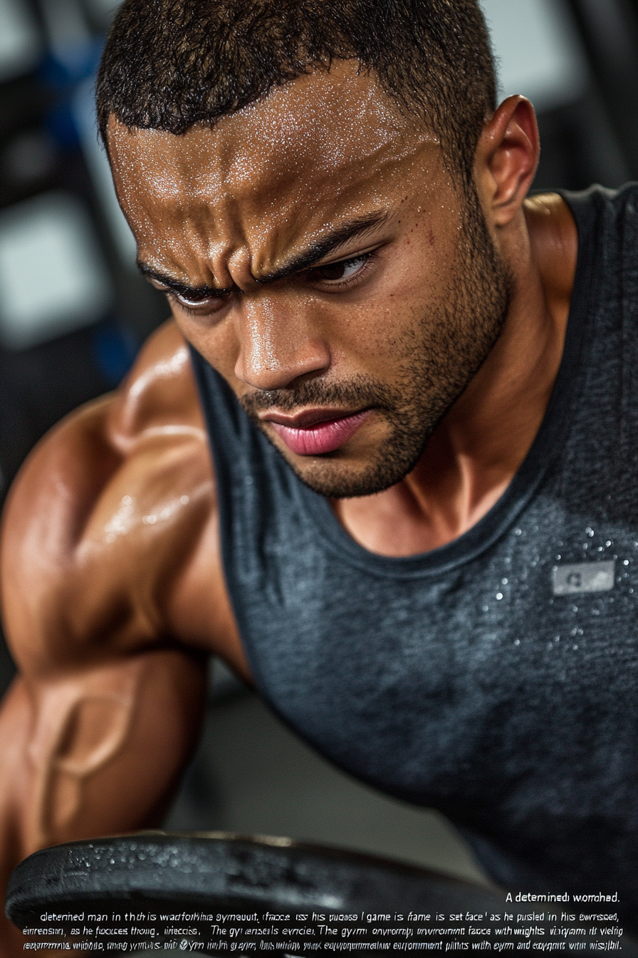 Focused man in gym, sweat on forehead, intense workout.