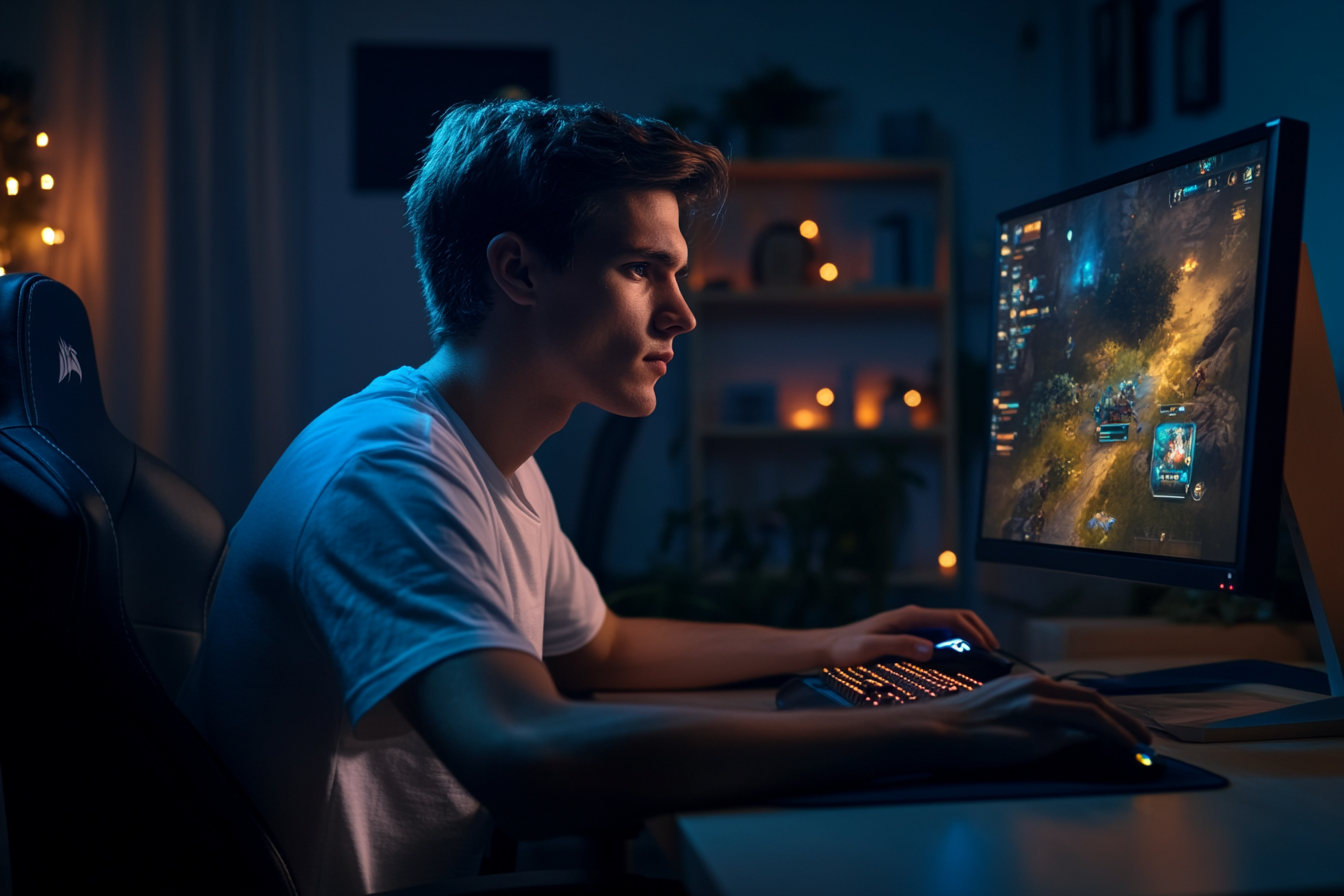 Focused man plays computer game