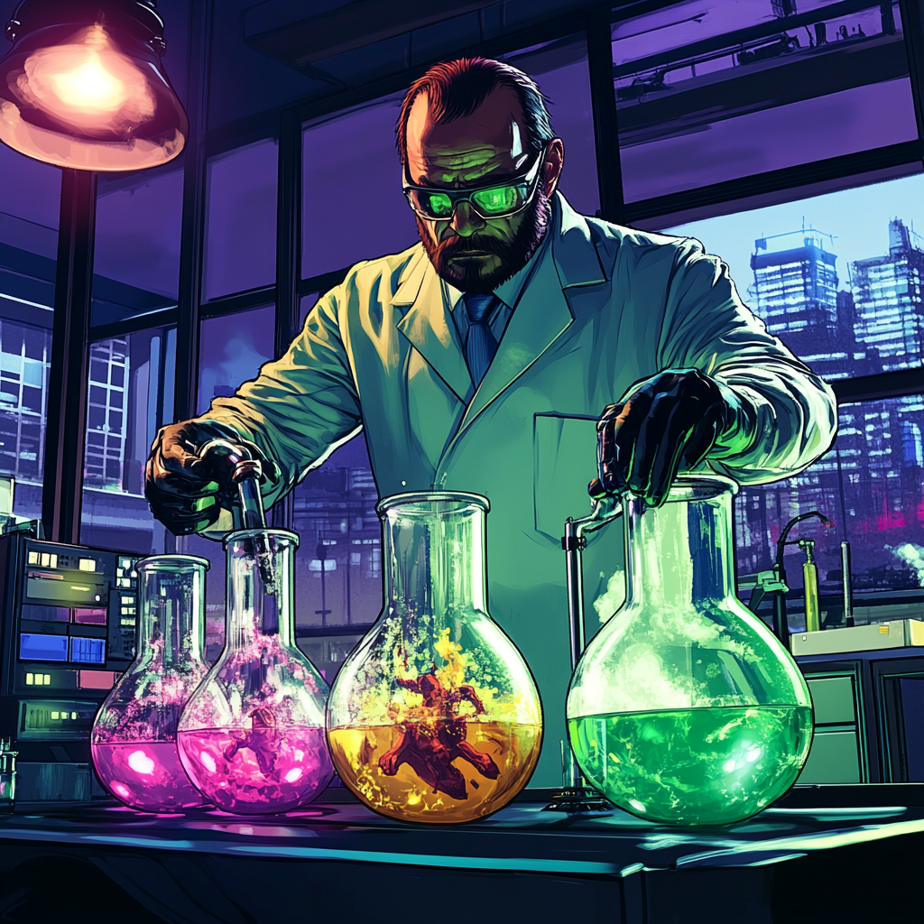 Focused scientist studies colorful reactions in futuristic lab with mutants.