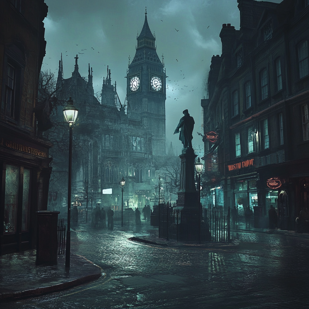 Foggy London street with Victorian buildings and occult symbols.