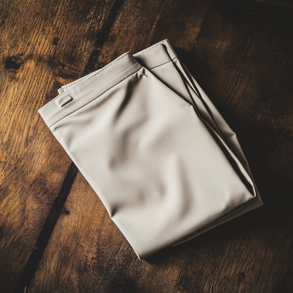 Folded dark cream chino trousers on polished wood surface.