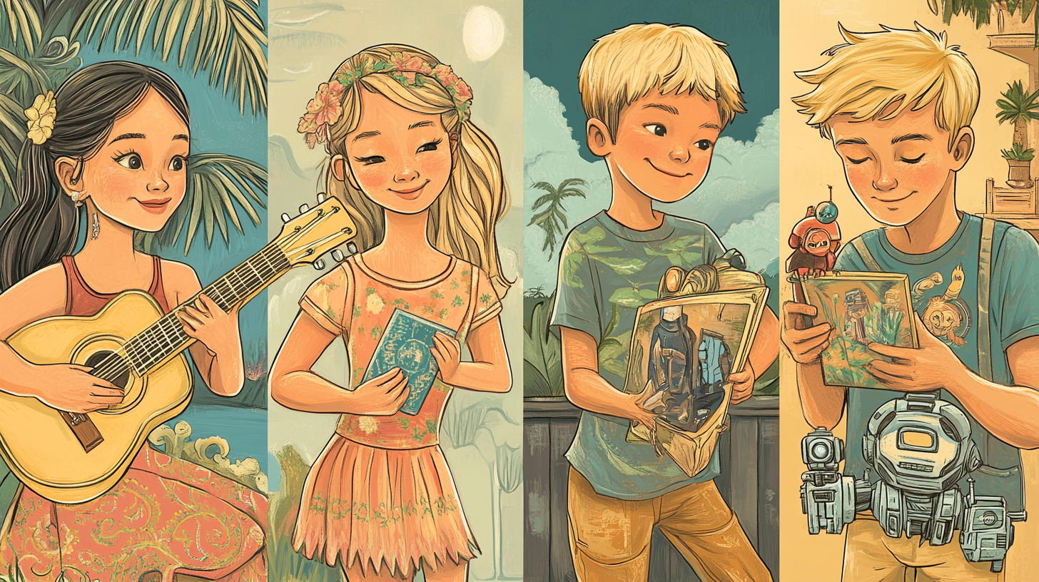 Folk art style illustration of tweens in 4 places.