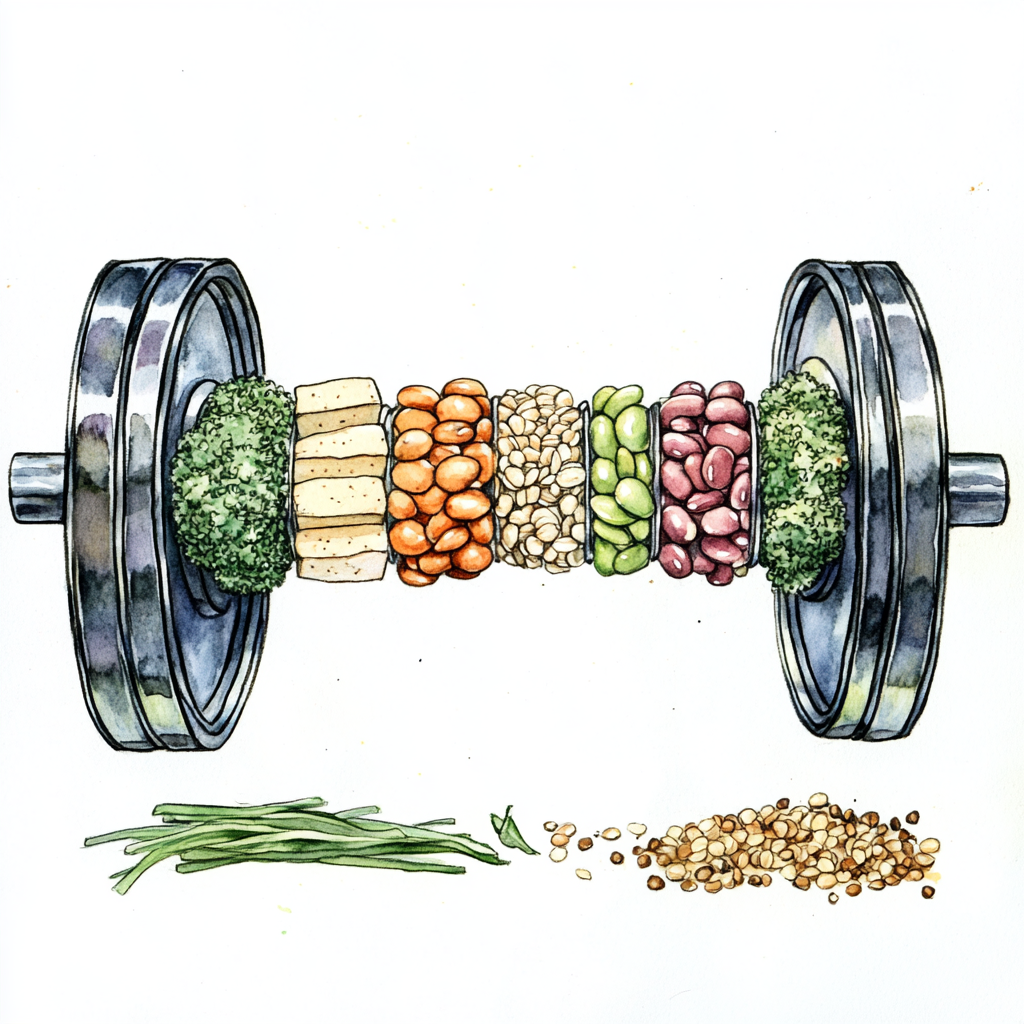 Food-filled barbell illustration with watercolor and line art.