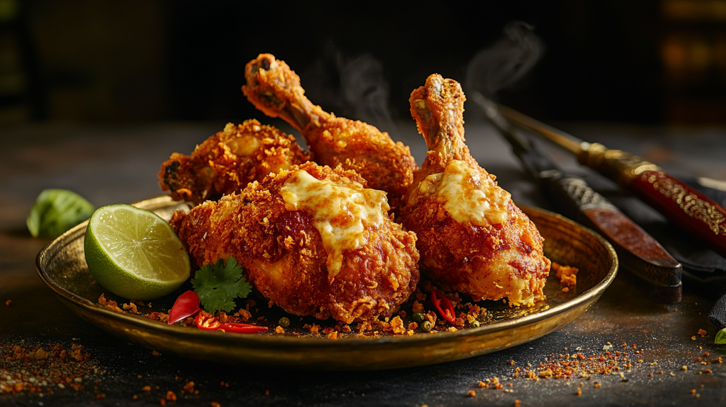 Food photography of fried chicken, Keris, cheese, lime.