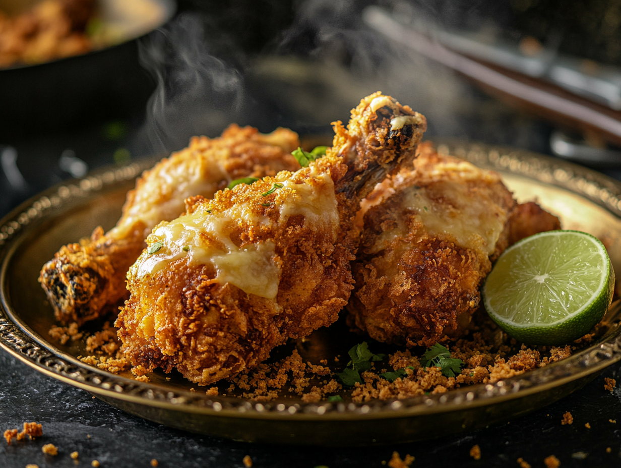 Food photography of fried chicken with melted cheese.