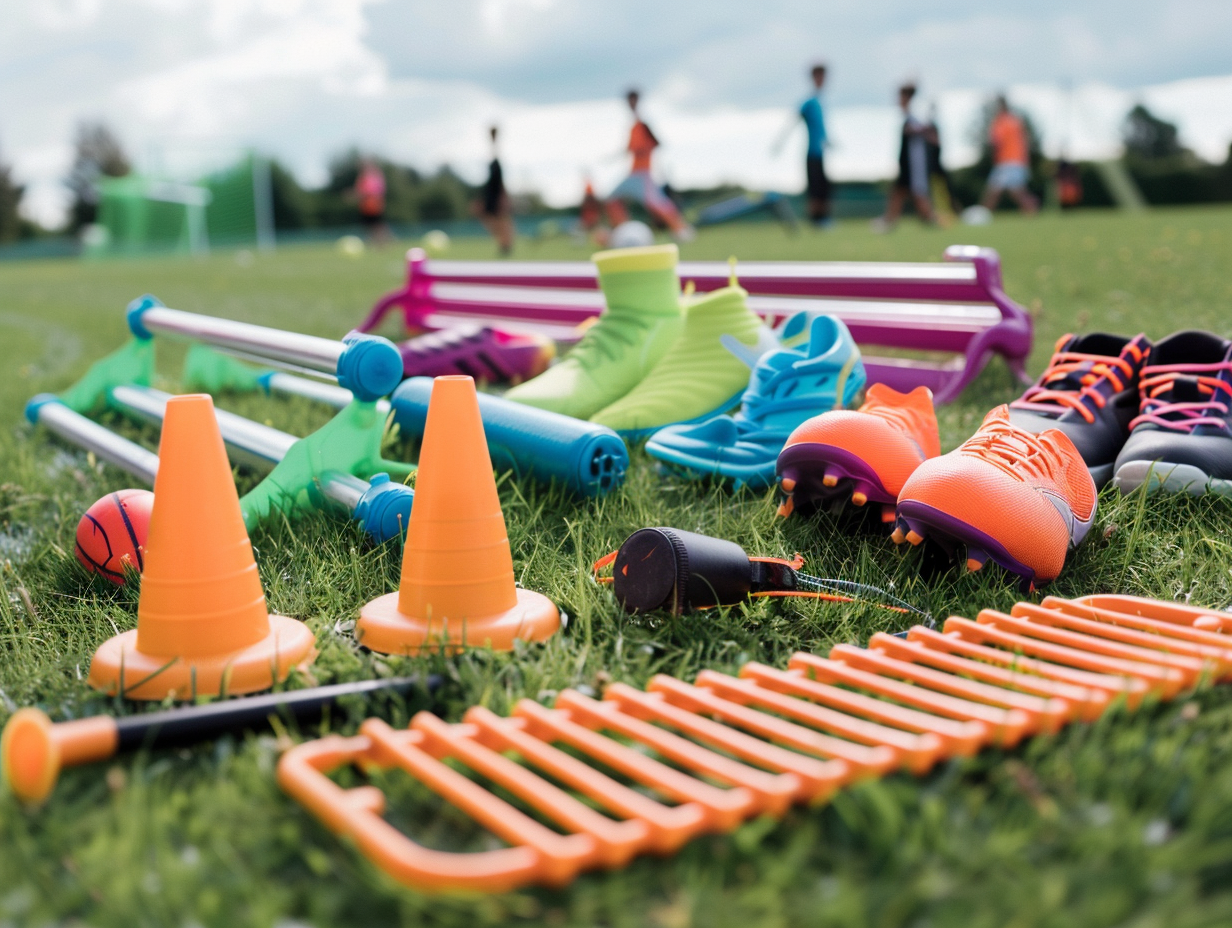 Football Training Equipment on Grass Field