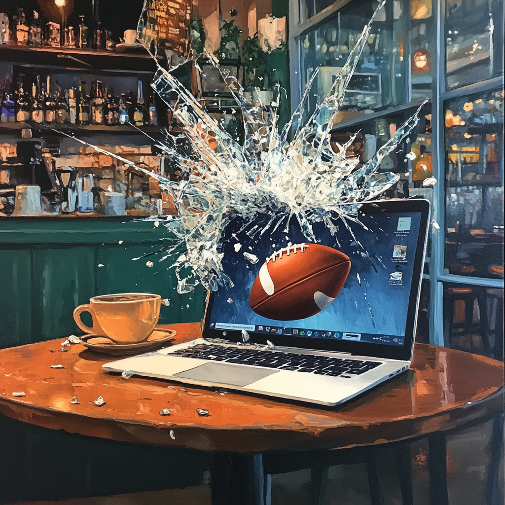 Football breaking laptop screen in coffee shop painting