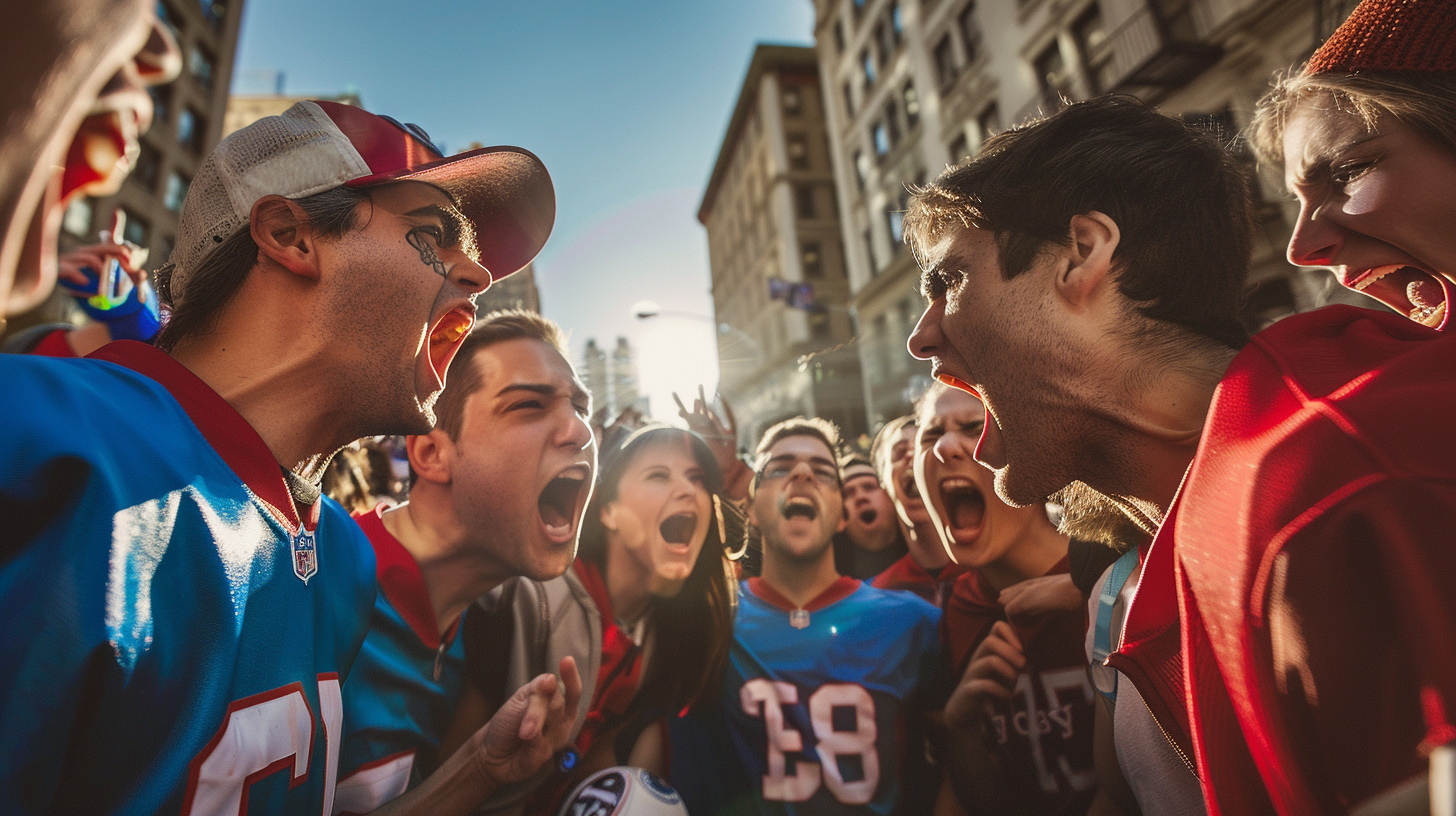 Football fans in blue and red Uniforms arguing