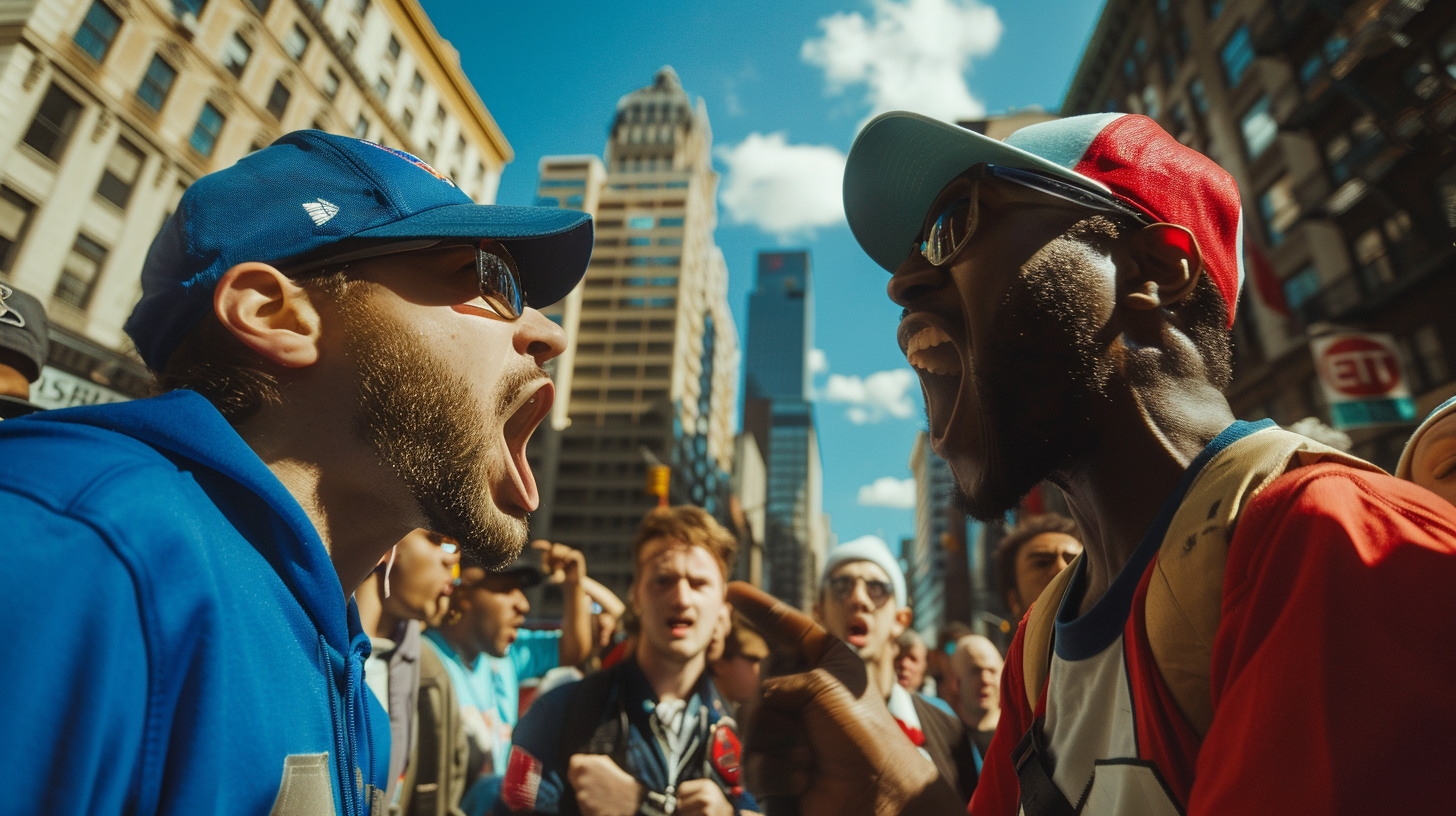 Football fans in blue and red yell dramatically