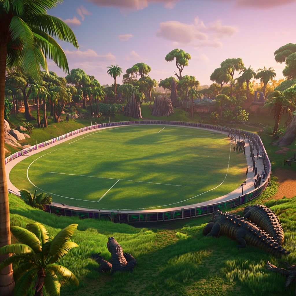 Football field sized circular roller derby rink outside surrounded by palm and oak trees with alligators in everglades, styled like Fortnite.