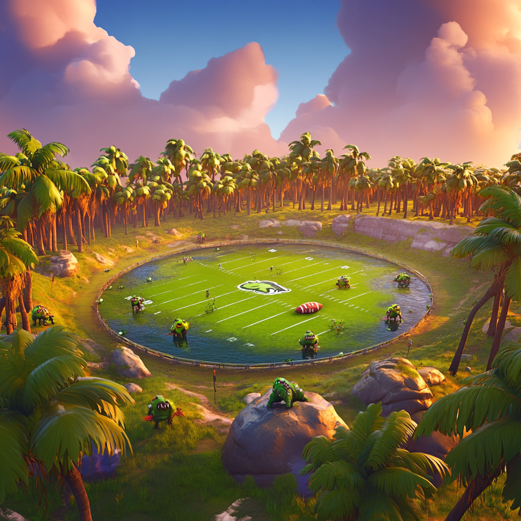 Football field with swamp, monsters, trees, storm clouds.