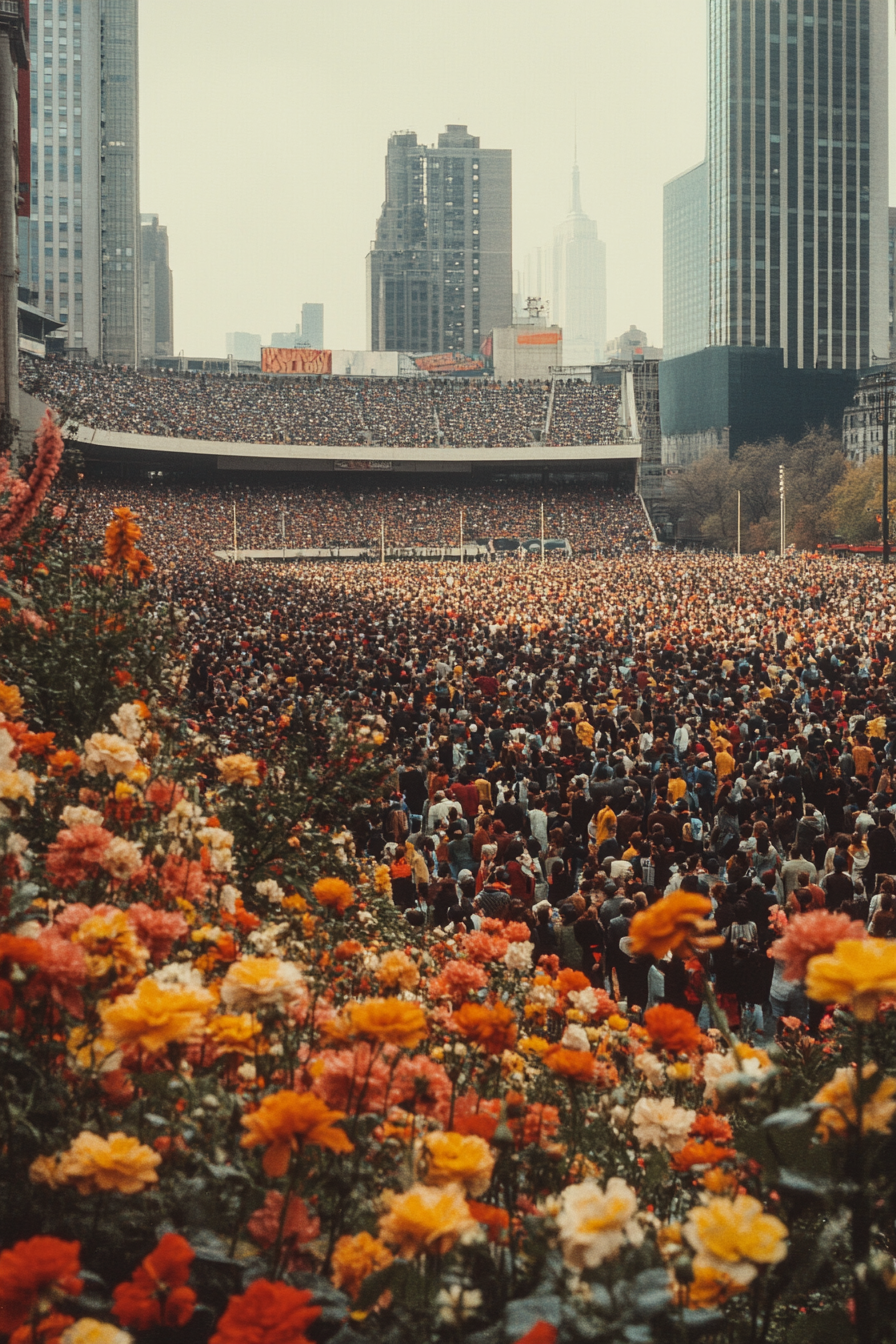 Football stadium in NYC, Fall, crowded streets, flowers overflowing.