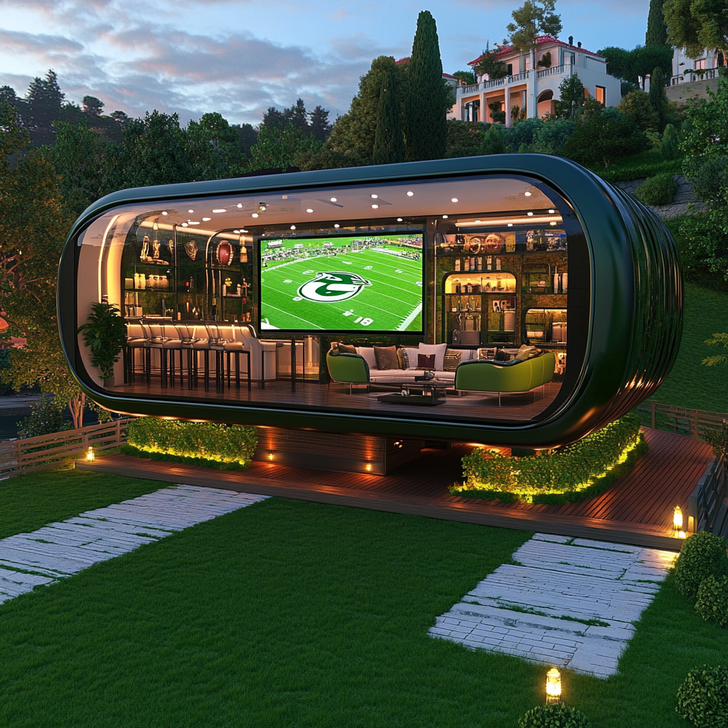 Football-themed man cave camper pod on hillside with gardens.